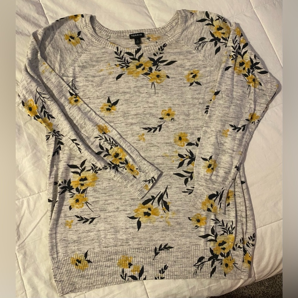 Torrid Gray Sweater with Yellow and Black Floral Design